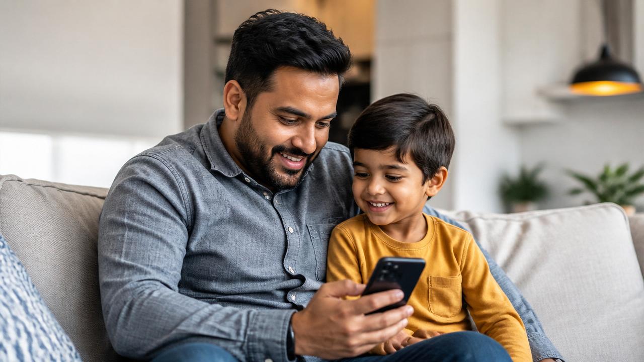 Father using a phone with his son